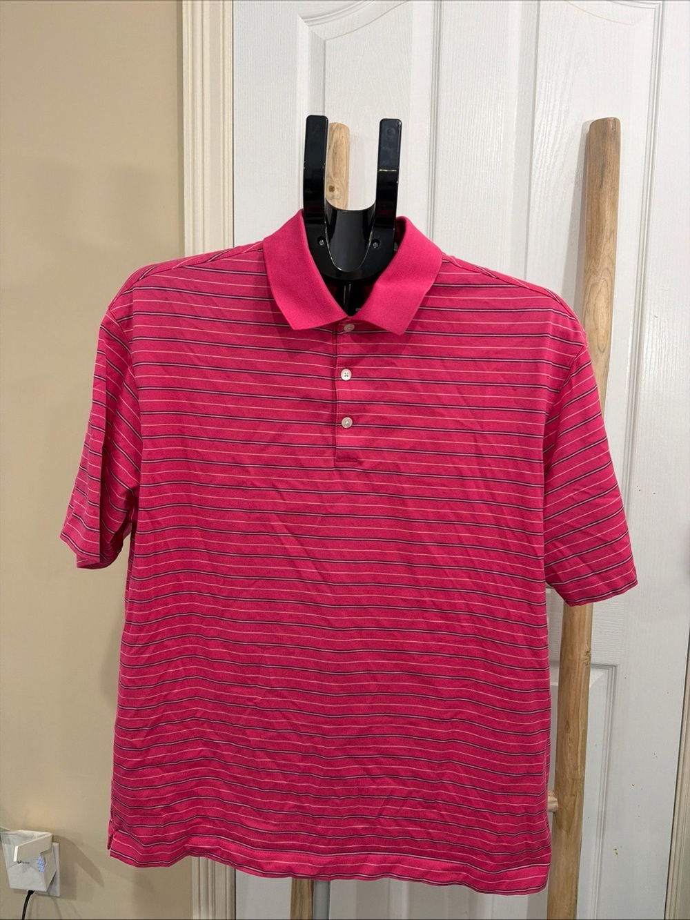 Nike DriFit Tiger Woods Men’s Golf Shirt Polo Large Striped Pink ProngHorn GC